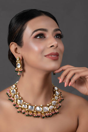 Pink Green Gold Tone Kundan Necklace With Earrings