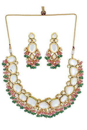 Pink Green Gold Tone Kundan Necklace With Earrings