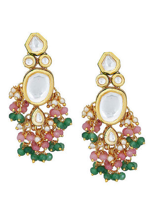 Pink Green Gold Tone Kundan Necklace With Earrings