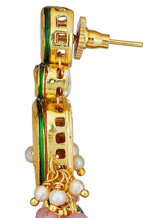 Pink Green Gold Tone Kundan Necklace With Earrings