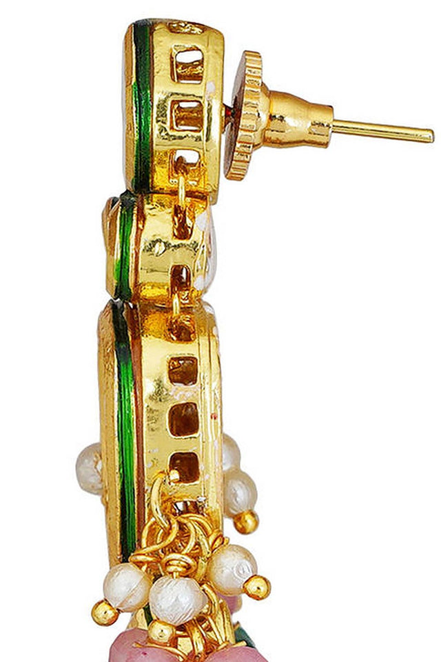 Pink Green Gold Tone Kundan Necklace With Earrings