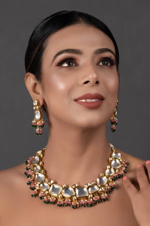 Pink Green Gold Tone Kundan Necklace With Earrings