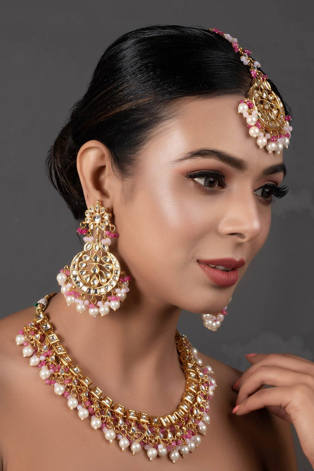 Pearl Beaded Kundan Necklace With Earrings And Maang Tikka