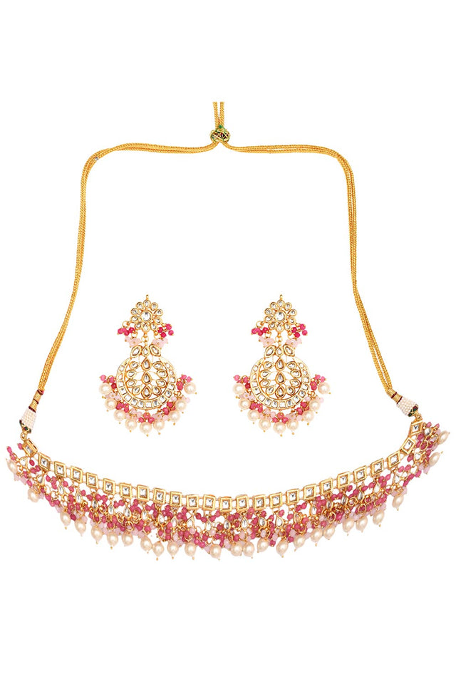 Pearl Beaded Kundan Necklace With Earrings And Maang Tikka