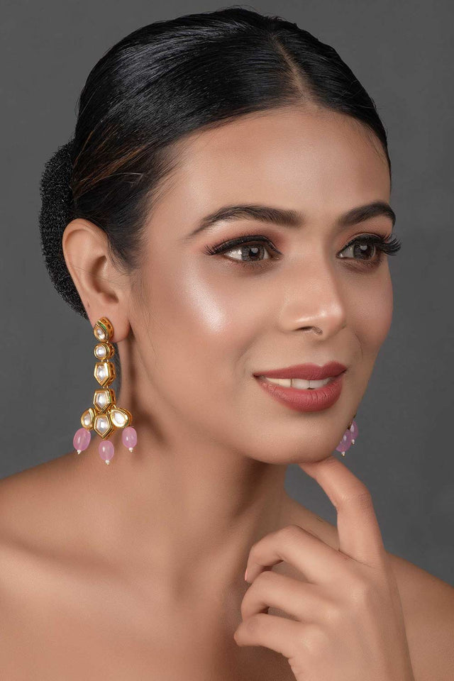 Pink Gold Tone Handcrafted Kundan Earrings (FEMNW006)