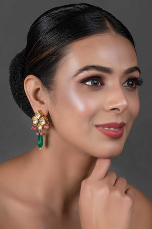 Green Pink  Beaded Kundan Inspired Earrings (FEMNW008)