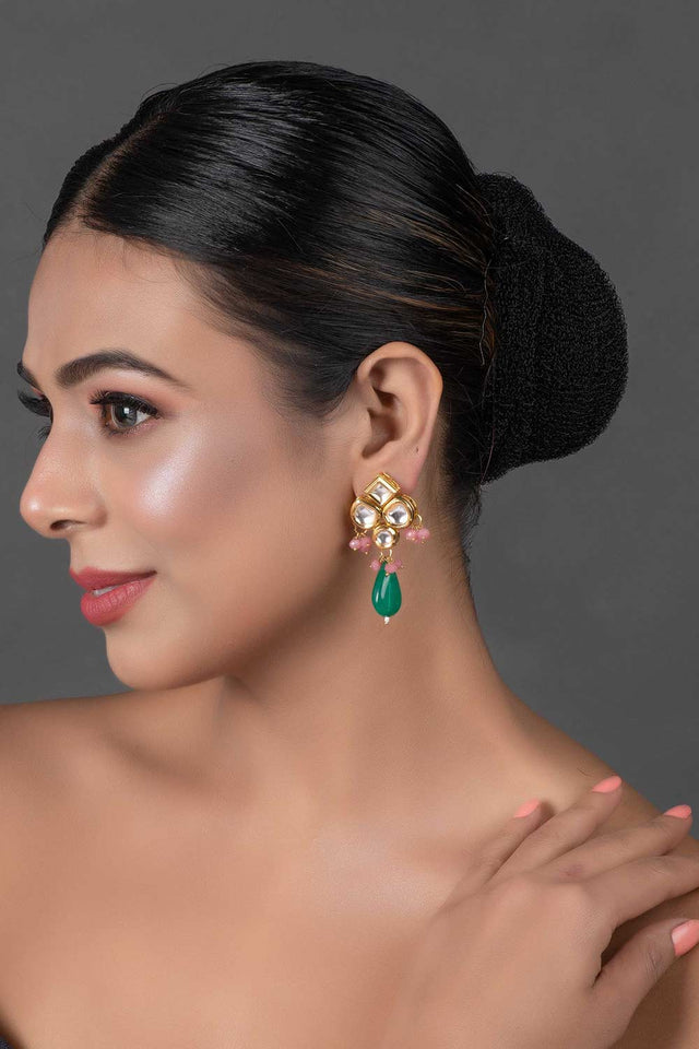 Green Pink  Beaded Kundan Inspired Earrings (FEMNW008)