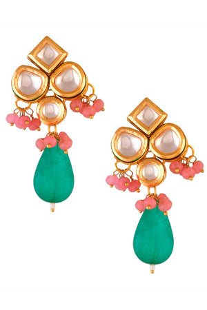 Green Pink  Beaded Kundan Inspired Earrings (FEMNW008)