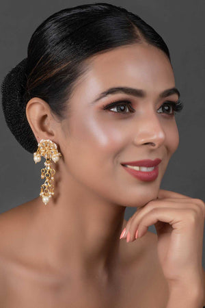 Gold Tone Pearl Beaded Kundan Contemporary Earrings (FEMNW011)