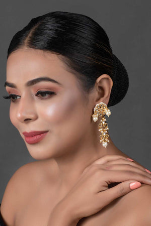 Gold Tone Pearl Beaded Kundan Contemporary Earrings (FEMNW011)