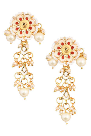 Gold Tone Pearl Beaded Kundan Contemporary Earrings (FEMNW011)