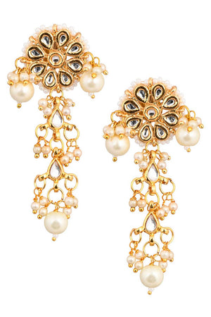 Gold Tone Pearl Beaded Kundan Contemporary Earrings (FEMNW011)