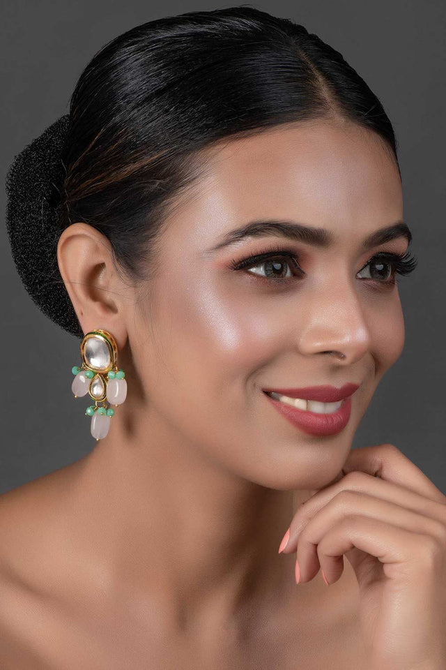 Kundan Earrings With Pastel Beads (FEMNW012)