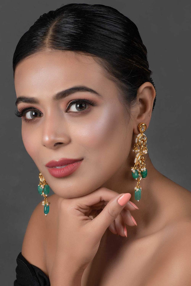 Emerald Beaded Kundan Contemporary Earrings (FEMNW013)
