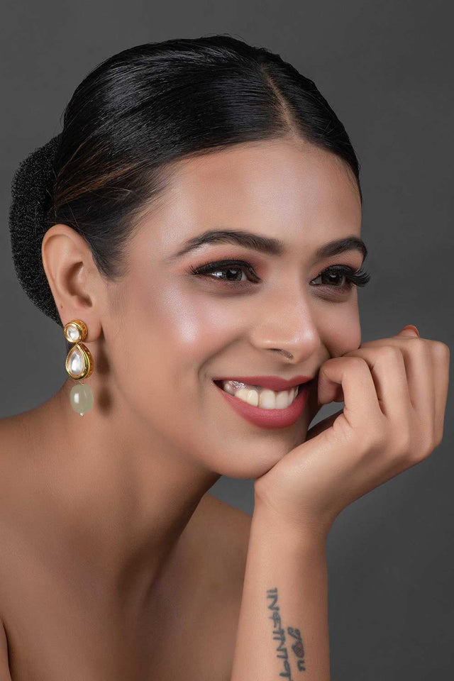Ivory Beaded Gold Tone Kundan Earrings (FEMNW015)