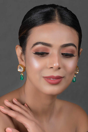 Gold Tone Emerald Beaded Kundan Contemporary Studs (FEMNW017)