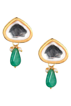 Gold Tone Emerald Beaded Kundan Contemporary Studs (FEMNW017)