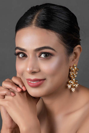 Gold Tone Pearl Beaded Kundan Earrings (FEMNW018)