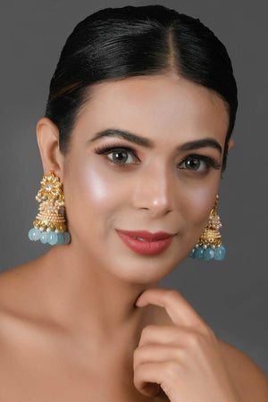 Gold Tone Blue Pearl Beaded Kundan Jhumki (FEMNW020)