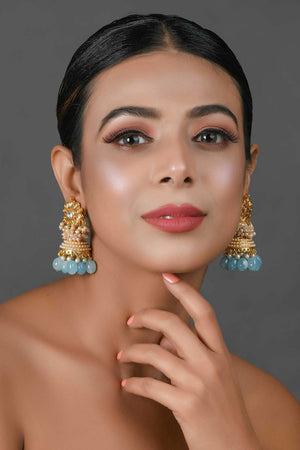 Gold Tone Blue Pearl Beaded Kundan Jhumki (FEMNW020)