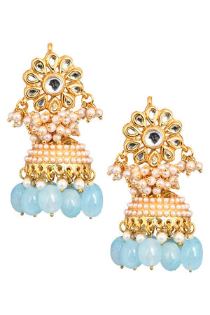 Gold Tone Blue Pearl Beaded Kundan Jhumki (FEMNW020)