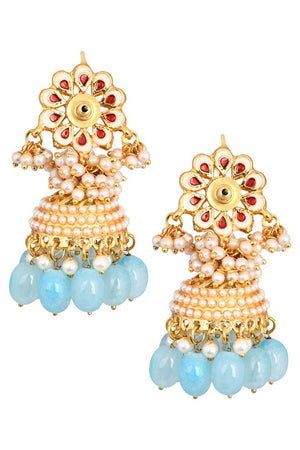 Gold Tone Blue Pearl Beaded Kundan Jhumki (FEMNW020)