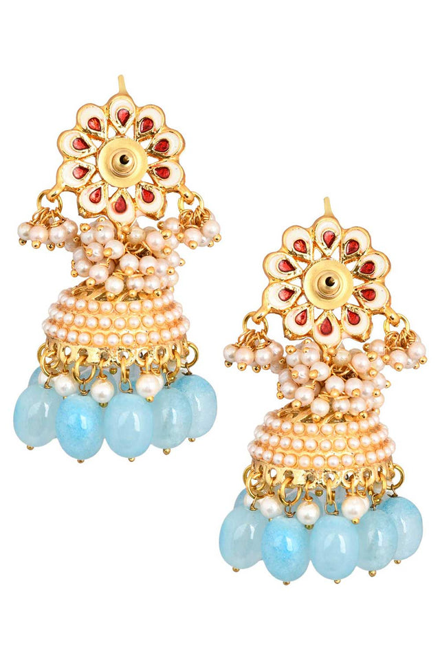 Gold Tone Blue Pearl Beaded Kundan Jhumki (FEMNW020)