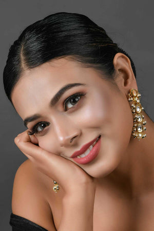 Gold Tone Pearl Beaded Kundan Earrings (FEMNW021)