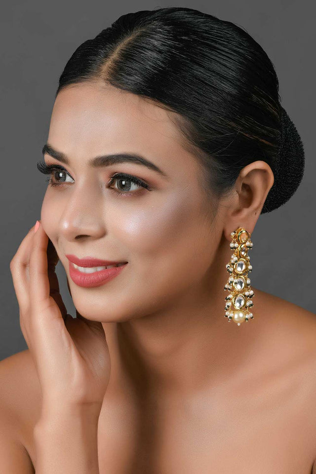 Gold Tone Pearl Beaded Kundan Earrings (FEMNW021)