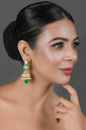 Green Gold Toned Pearl Beaded Kundan Jhumki (FEMNW023)