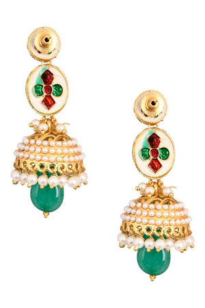 Green Gold Toned Pearl Beaded Kundan Jhumki (FEMNW023)