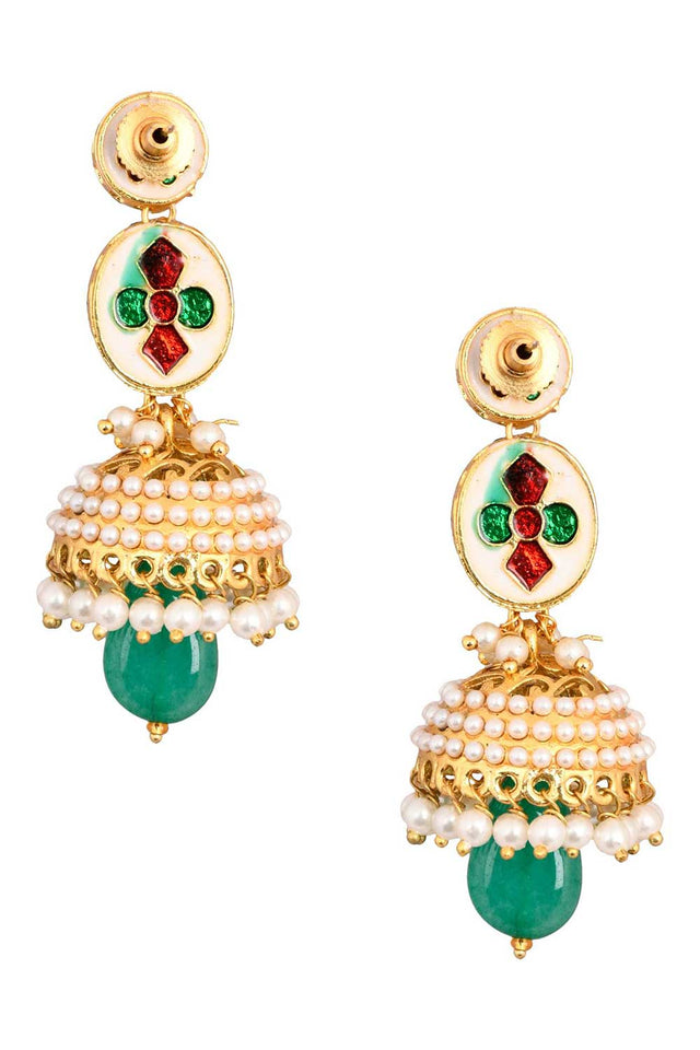 Green Gold Toned Pearl Beaded Kundan Jhumki (FEMNW023)