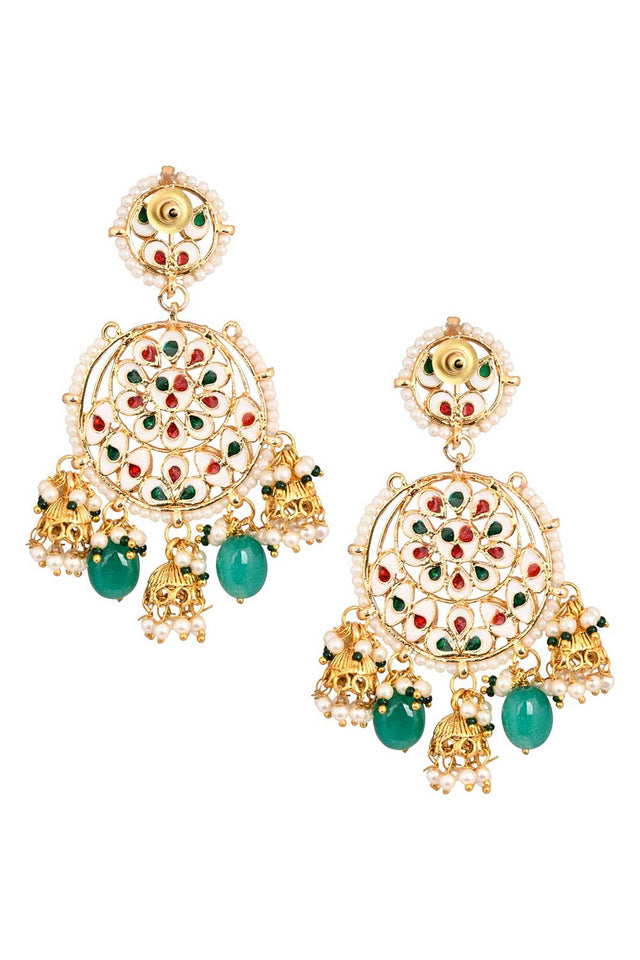 Floral Kundan Earrings With Hanging Jhumki