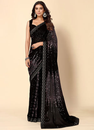 Pink & Black Georgette Sequins Work Woven Saree