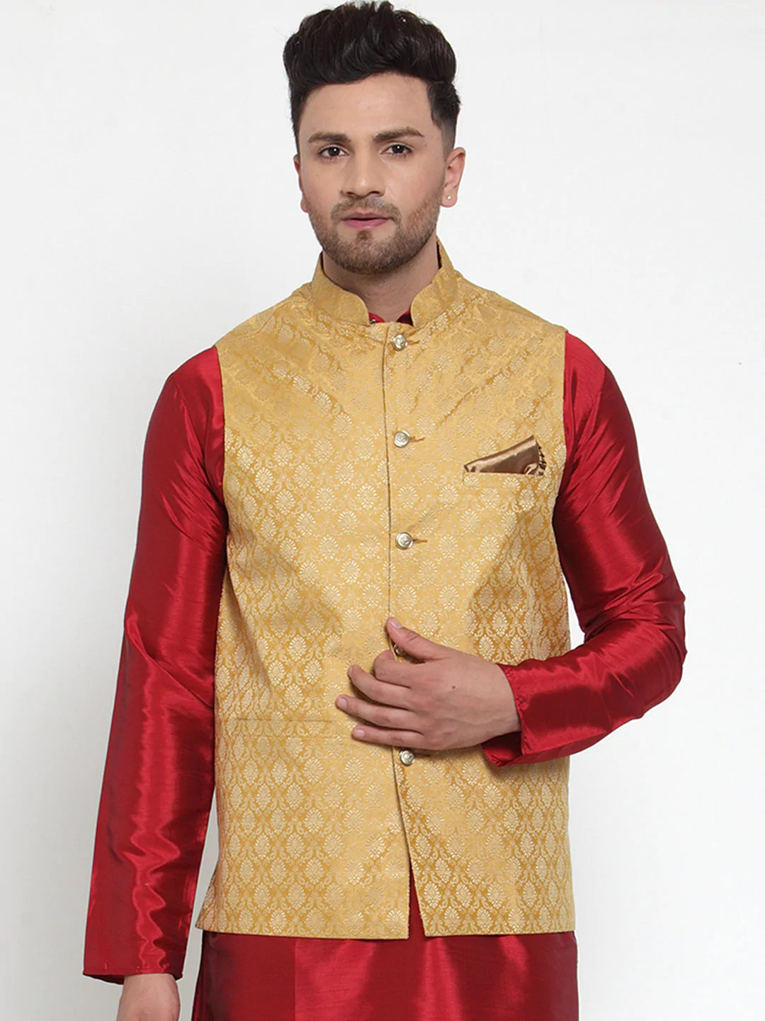 Men's Gold Silk Woven Nehru Jacket (JOWC_4005Golden)