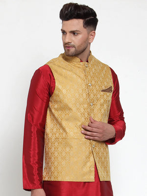 Men's Gold Silk Woven Nehru Jacket (JOWC_4005Golden)