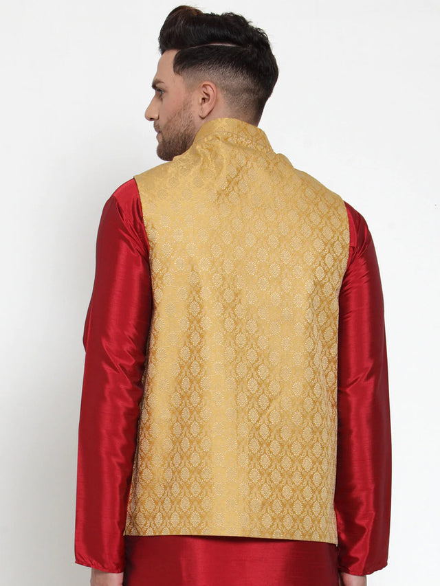 Men's Gold Silk Woven Nehru Jacket (JOWC_4005Golden)
