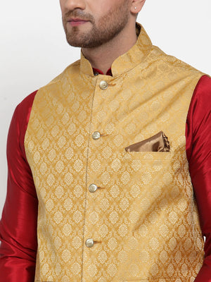 Men's Gold Silk Woven Nehru Jacket (JOWC_4005Golden)