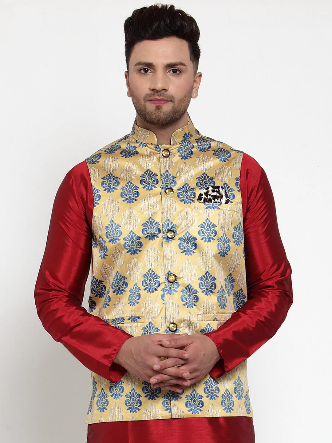 Men's Gold Silk Abstract Nehru Jacket (JOWC_4014Golden)