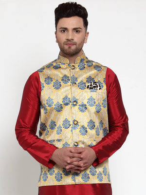 Men's Gold Silk Abstract Nehru Jacket (JOWC_4014Golden)