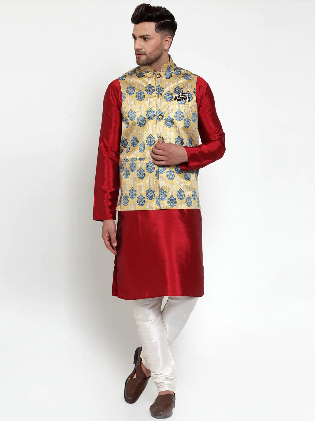 Men's Gold Silk Abstract Nehru Jacket (JOWC_4014Golden)