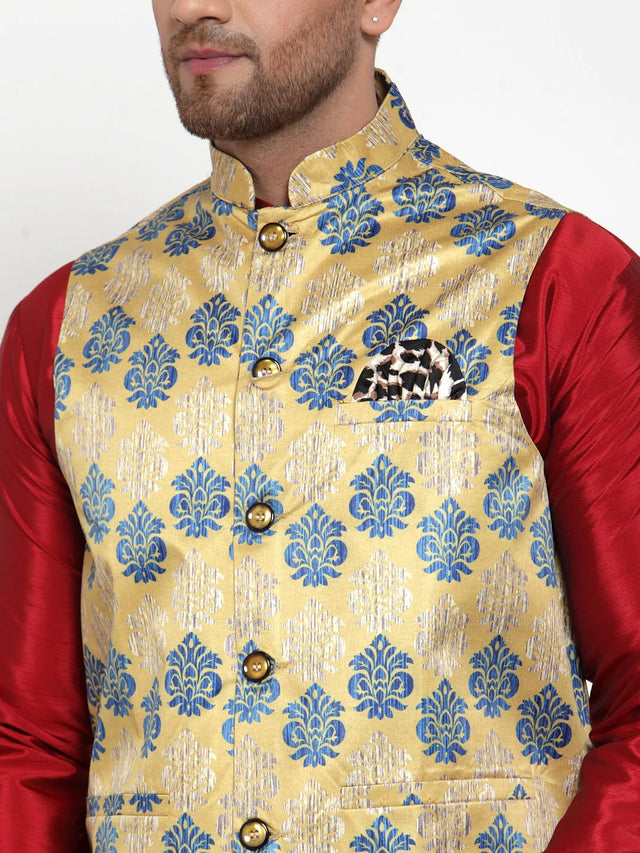 Men's Gold Silk Abstract Nehru Jacket (JOWC_4014Golden)
