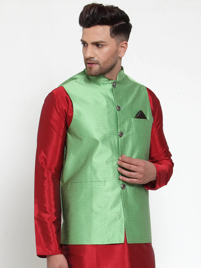 Men's Green Silk Woven Nehru Jacket