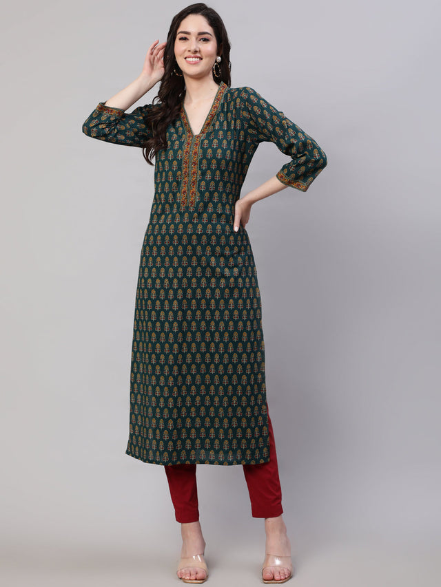 Green  Pure Cotton Printed Kurti