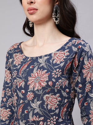 Blue  Pure Cotton Floral Kurti Pant Sets