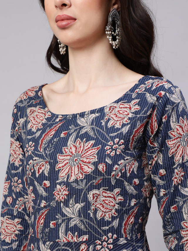 Blue  Pure Cotton Floral Kurti Pant Sets