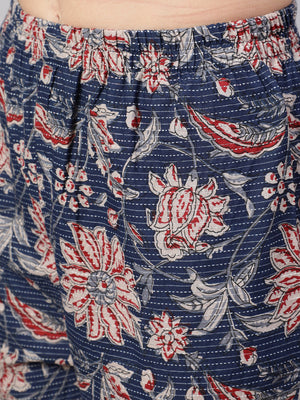 Blue  Pure Cotton Floral Kurti Pant Sets