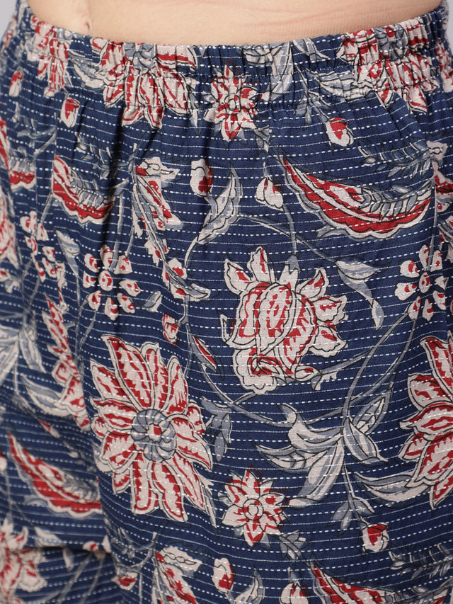 Blue  Pure Cotton Floral Kurti Pant Sets