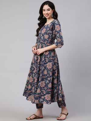 Blue  Pure Cotton Floral Kurti Pant Sets