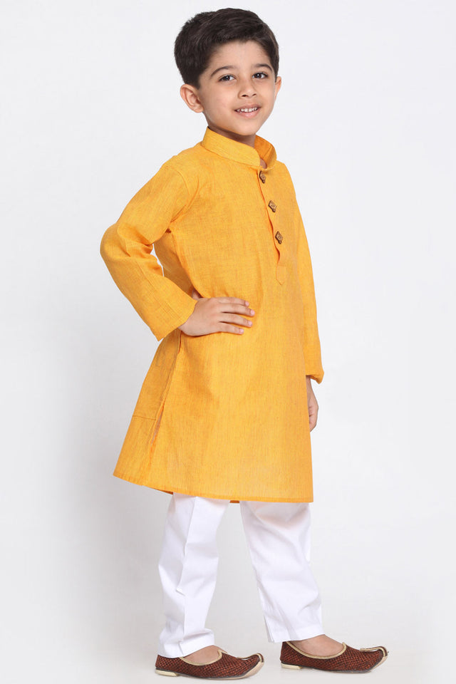 Boy's Blended Cotton Kurta Set In Yellow